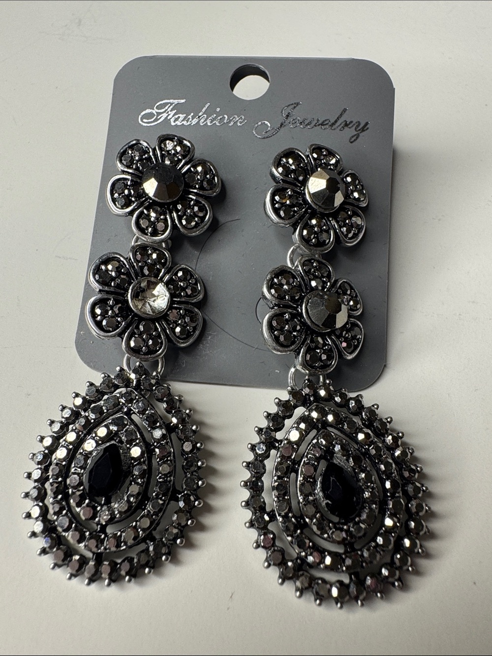 Fashion Jewelry Gunmetal Floral Teardrop Earrings with Black Accents